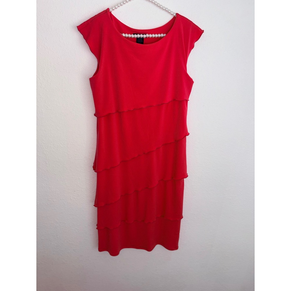 Eva Varro Tiered Ruffle Dress Women Size M Red Excellent Cap Sleeve Sheath